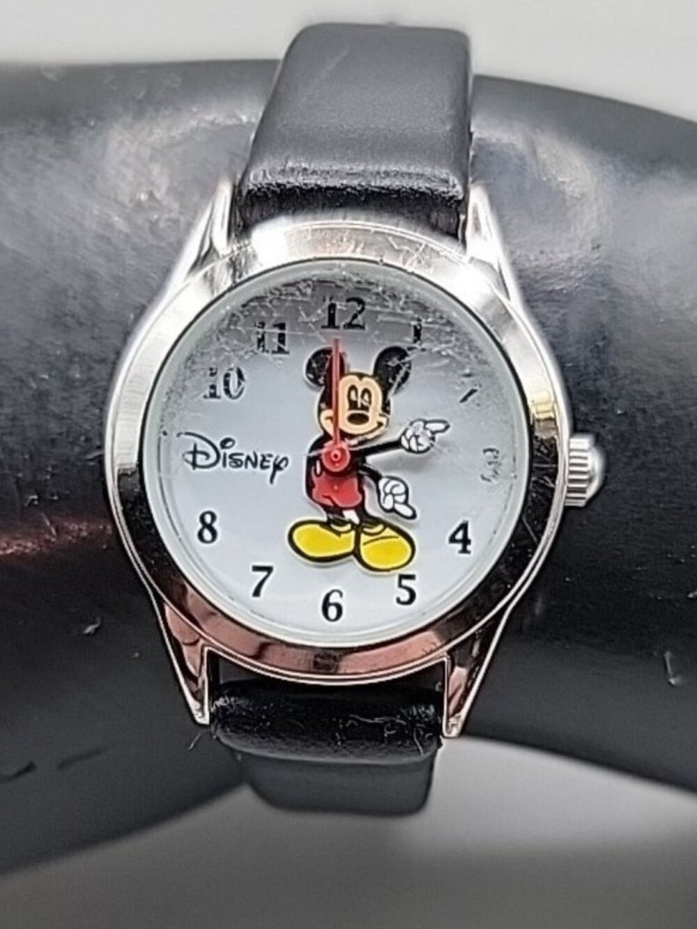 Vintage Disney Mickey Mouse Watch Silver Tone, Hadley-Roma Leather Strap - Runs